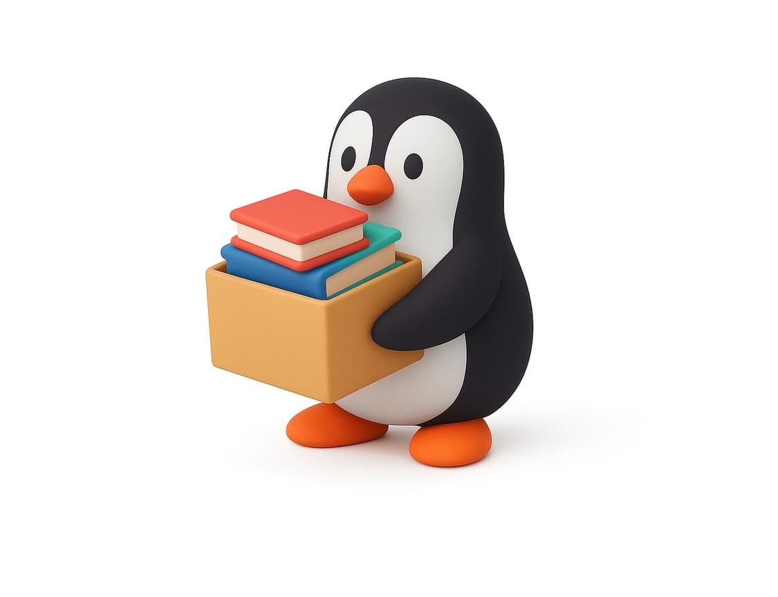 Flippy the penguin carrying a box of books