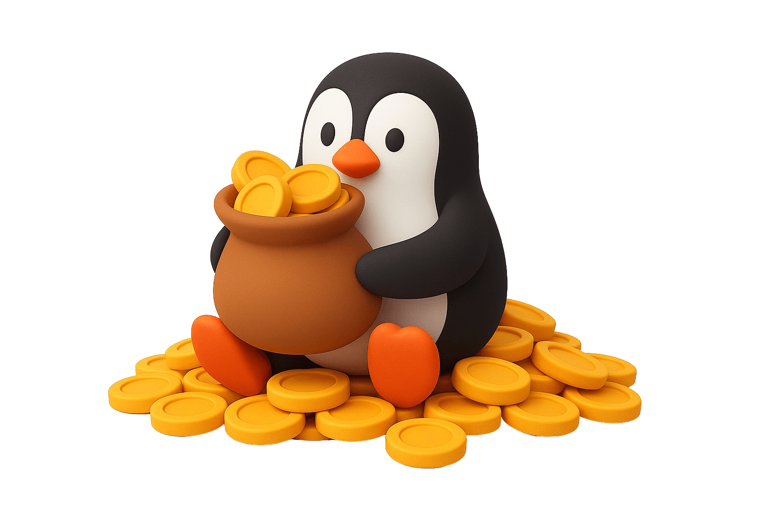 Flippy the penguin sitting on a pile of gold coins