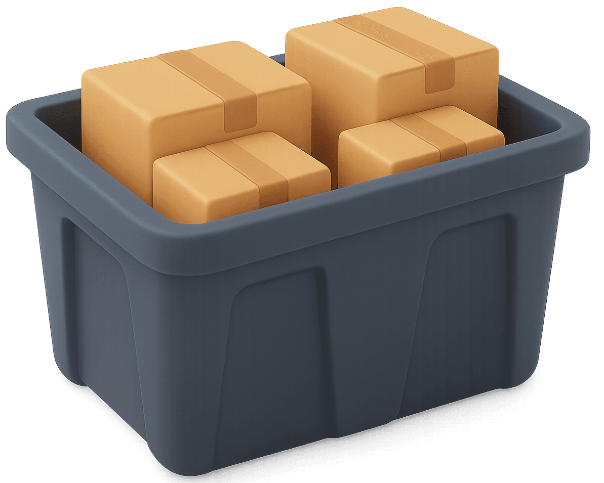 Storage bin filled with inventory boxes