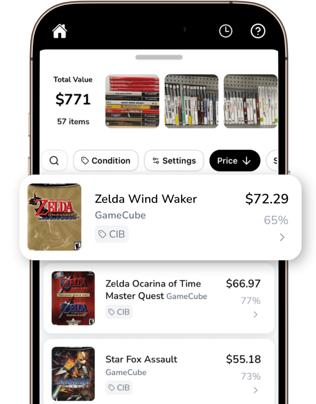 Flippr list view showing scanned items with prices and total value